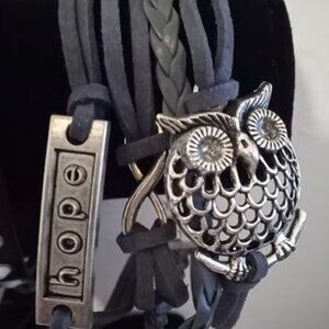 Grey Owl Hope & Infinity Knot Layered Leather Bracelet